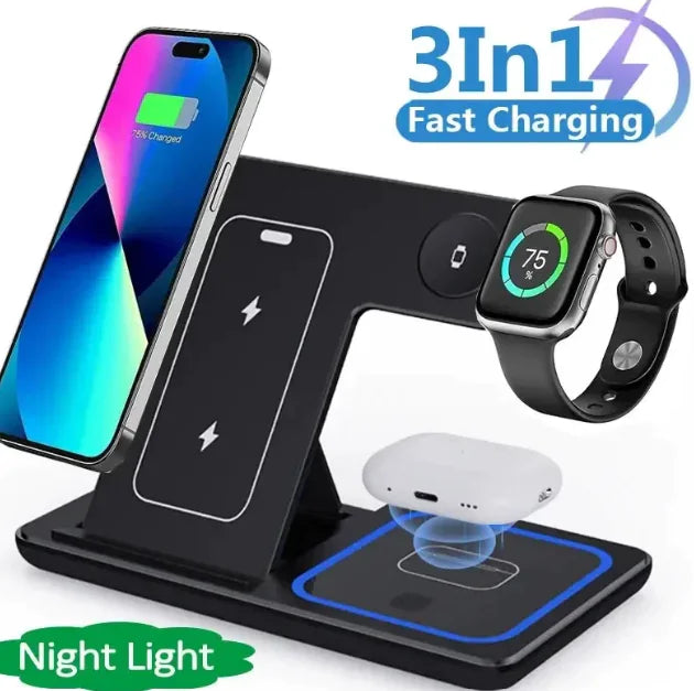 3-in-1 Fast Wireless Charging Dock – Foldable, Portable, 15W Power