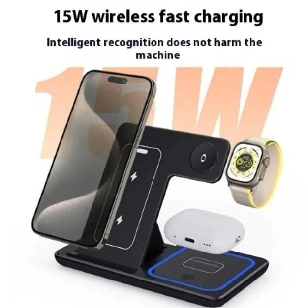 3-in-1 Fast Wireless Charging Dock – Foldable, Portable, 15W Power